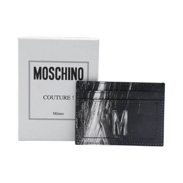 Moschino Kartenetui aus schwarzem Leder mit Marmoreffekt mit Streifen