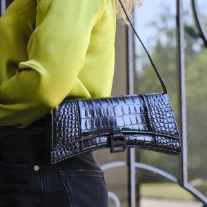 Black Balenciaga Hourglass Sling Bag in Crocodile-Embossed Patent Leather